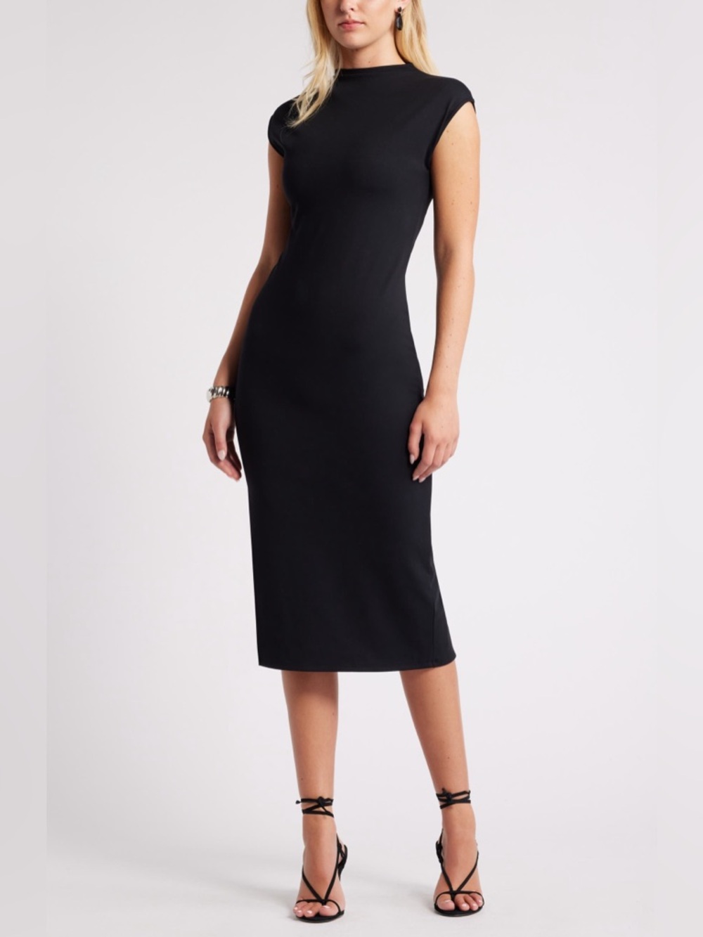 NWOT Open Edit Smooth Edit Black Funnel Neck Midi Dress Size L
